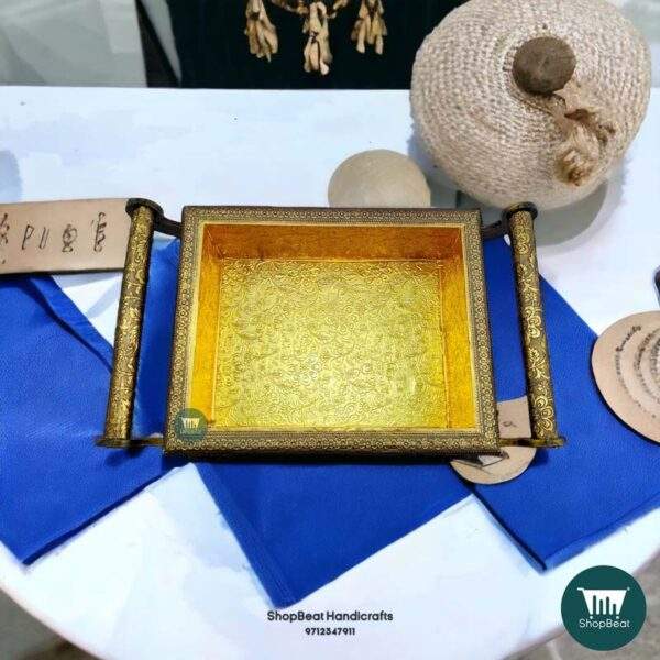 ShopBeat Golden Oxidised 4 Wheel Cart with 6 Glass Jar Wooden Dry fruit Box 17x10 incH