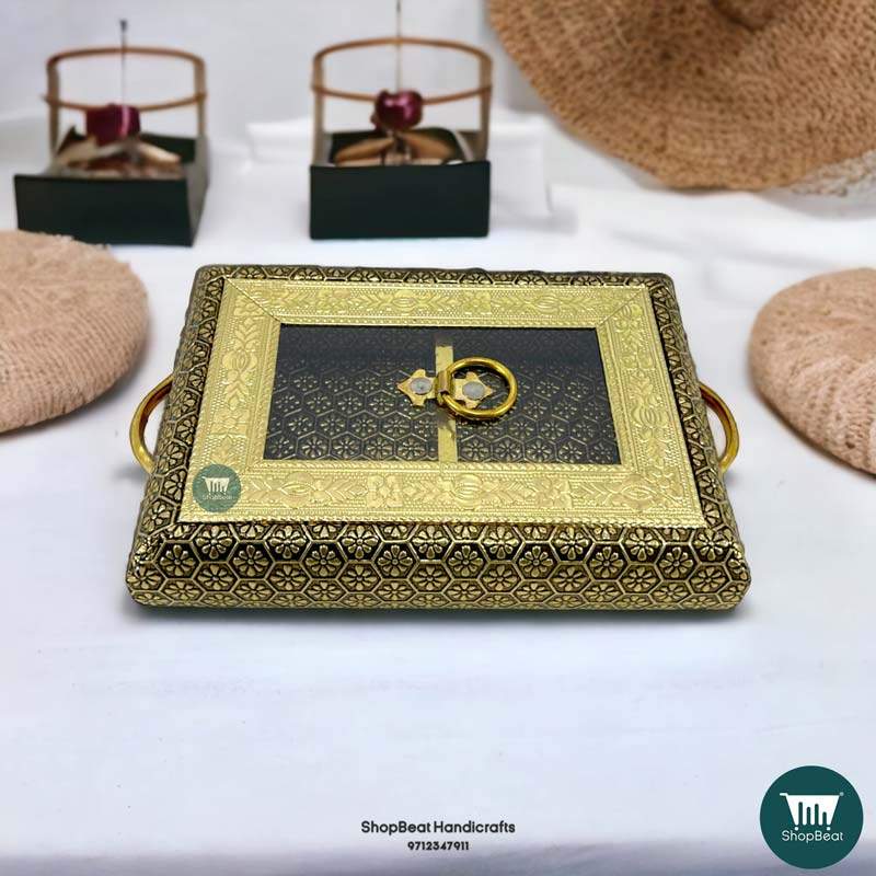 ShopBeat Golden Oxidised Acrylic Window Light Weight Wooden Dry fruit Box 5x7 inch