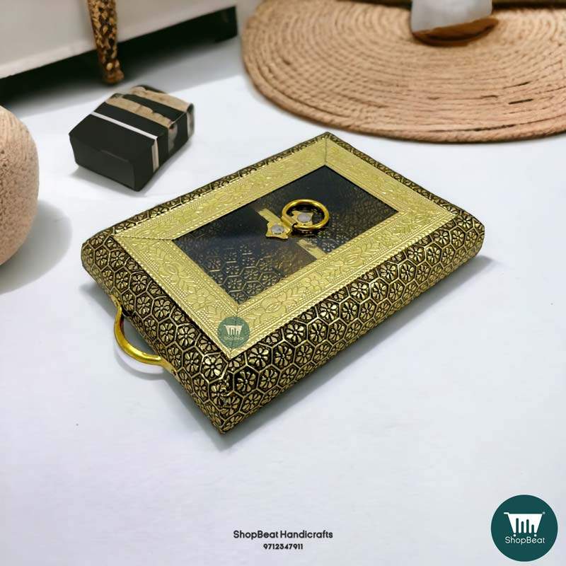 ShopBeat Golden Oxidised Acrylic Window Light Weight Wooden Dry fruit Box 5x7 inch