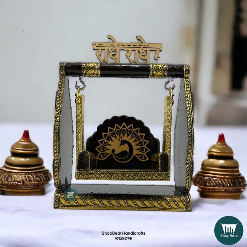 ShopBeat Golden Oxidised Meenakari Peacock Design Wooden SwingJula 7.5x3.5x8 inch