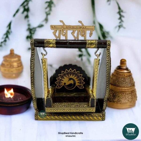 ShopBeat Golden Oxidised Meenakari Peacock Design Wooden SwingJula 7.5x3.5x8 inch