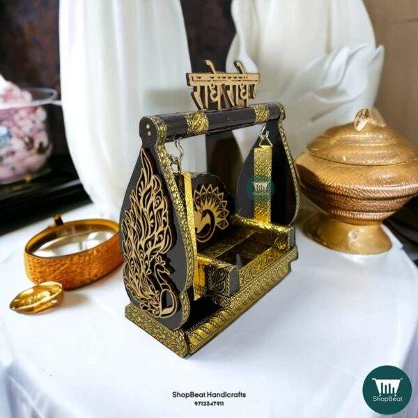 ShopBeat Golden Oxidised Meenakari Peacock Design Wooden SwingJula 7.5x3.5x8 inch