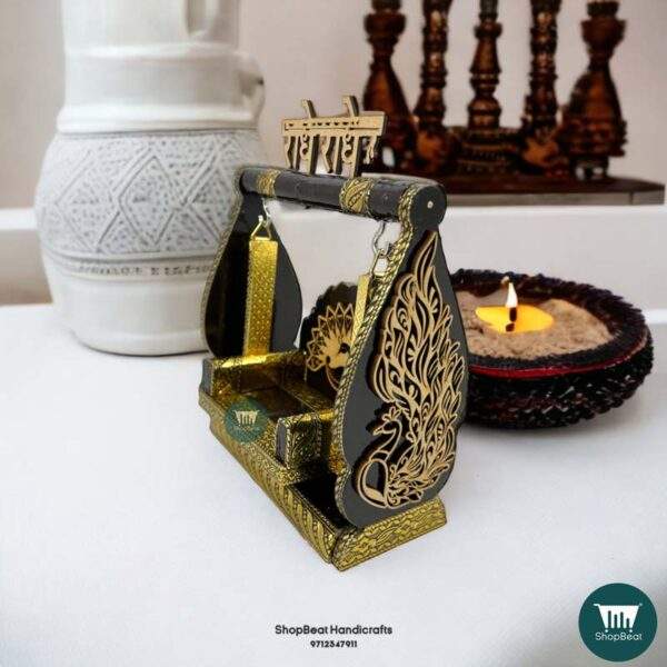 ShopBeat Golden Oxidised Meenakari Peacock Design Wooden SwingJula 7.5x3.5x8 inch