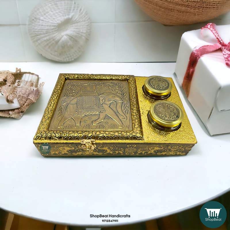 ShopBeat Golden Oxidised Elephant Design Wooden Dry Fruit Box With 2 Glass Jar 12x8