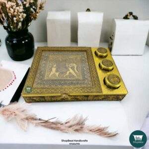 ShopBeat Golden Oxidised Elephant Design Wooden Dry Fruit Box With 3 Glass Jar 16x12 inch
