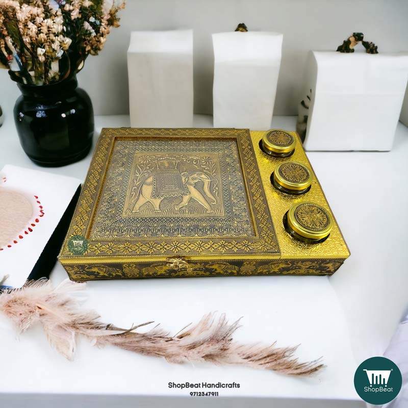 ShopBeat Golden Oxidised Elephant Design Wooden Dry Fruit Box With 3 Glass Jar 16x12 inch