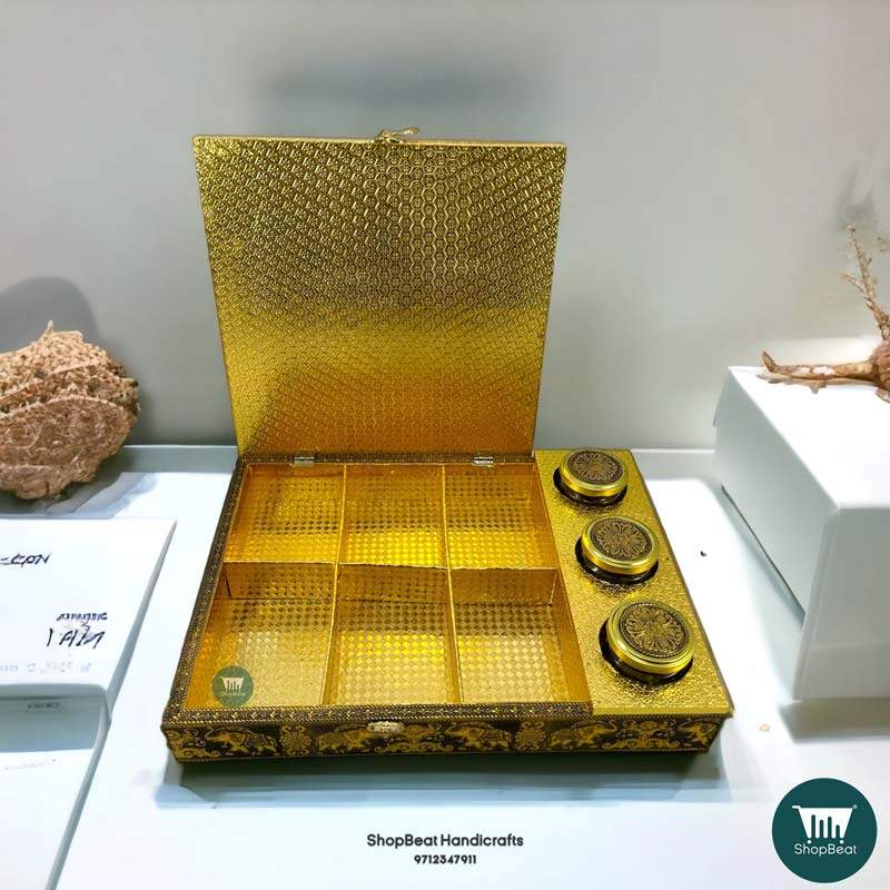 ShopBeat Golden Oxidised Elephant Design Wooden Dry Fruit Box With 3 Glass Jar 16x12 inch - Image 2