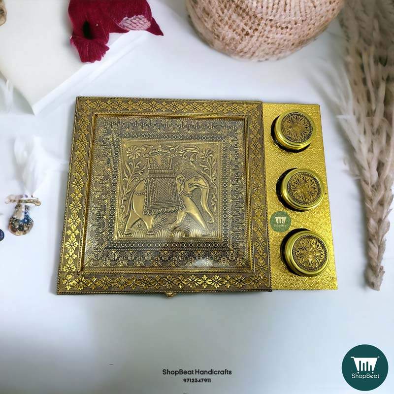 ShopBeat Golden Oxidised Elephant Design Wooden Dry Fruit Box With 3 Glass Jar 16x12 inch
