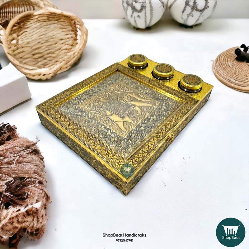 ShopBeat Golden Oxidised Elephant Design Wooden Dry Fruit Box With 3 Glass Jar 16x12 inch