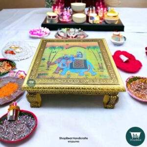 ShopBeat Golden Oxidised Elephant Poster Wooden Pooja Chowki 15x15 inch