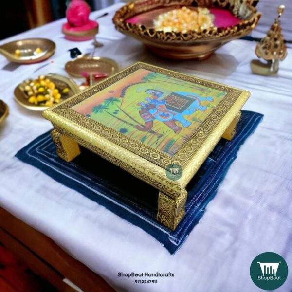 ShopBeat Golden Oxidised Elephant Poster Wooden Pooja Chowki 15x15 inch