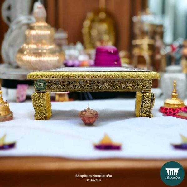 ShopBeat Golden Oxidised Elephant Poster Wooden Pooja Chowki 15x15 inch