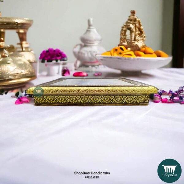 ShopBeat Golden Oxidised Elephant Poster Wooden Pooja Chowki 15x15 inch
