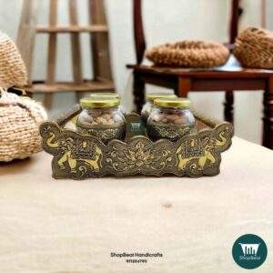 ShopBeat Golden Oxidised Elephant Tray With 4 Glass Jar Wooden Dry fruit Box