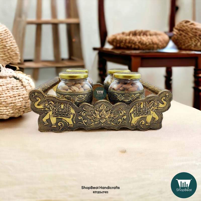 ShopBeat Golden Oxidised Elephant Tray With 4 Glass Jar Wooden Dry fruit Box