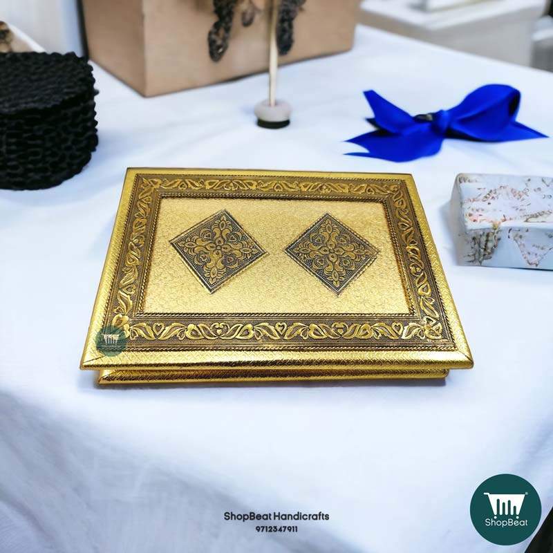 ShopBeat Golden Oxidised Flower Design Wooden Dryfruit Box 12x8 Inches