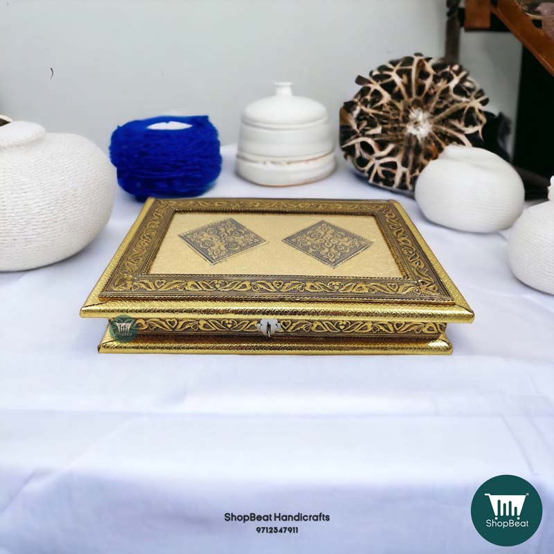 ShopBeat Golden Oxidised Flower Design Wooden Dryfruit Box 12x8 Inches