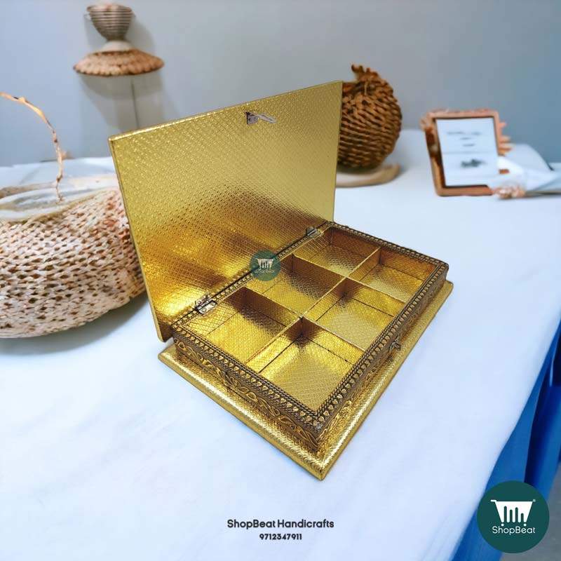 ShopBeat Golden Oxidised Flower Design Wooden Dryfruit Box 12x8 Inches
