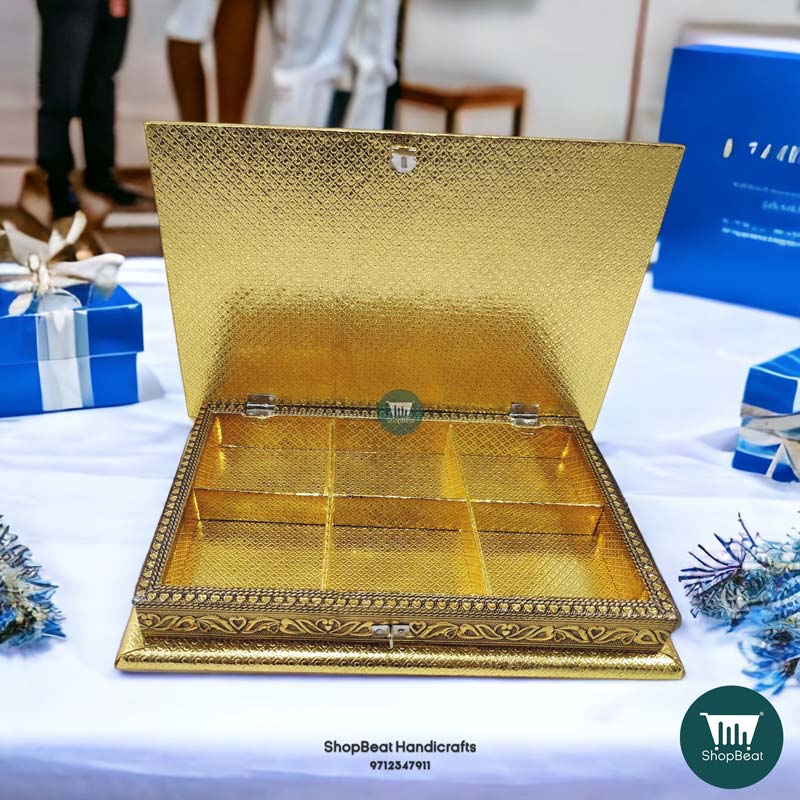 ShopBeat Golden Oxidised Flower Design Wooden Dryfruit Box 12x8 Inches