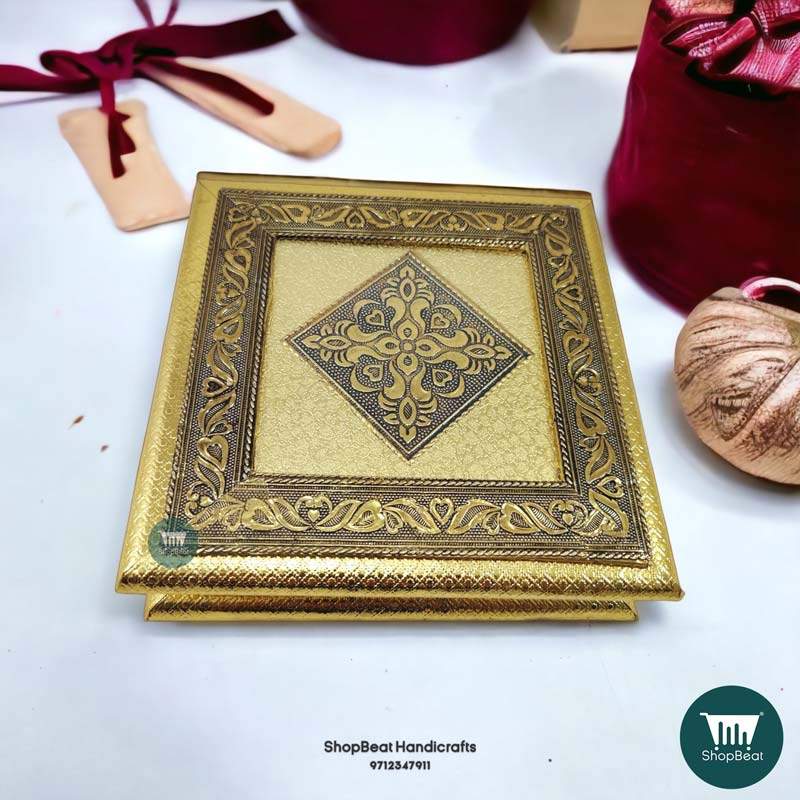 ShopBeat Golden Oxidised Flower Design Wooden Dryfruit Box 8x8 Inches