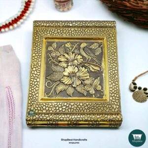 ShopBeat Golden Oxidised Flower Velvet 2 Roll Wooden Jewellery Box 11x9 Inches