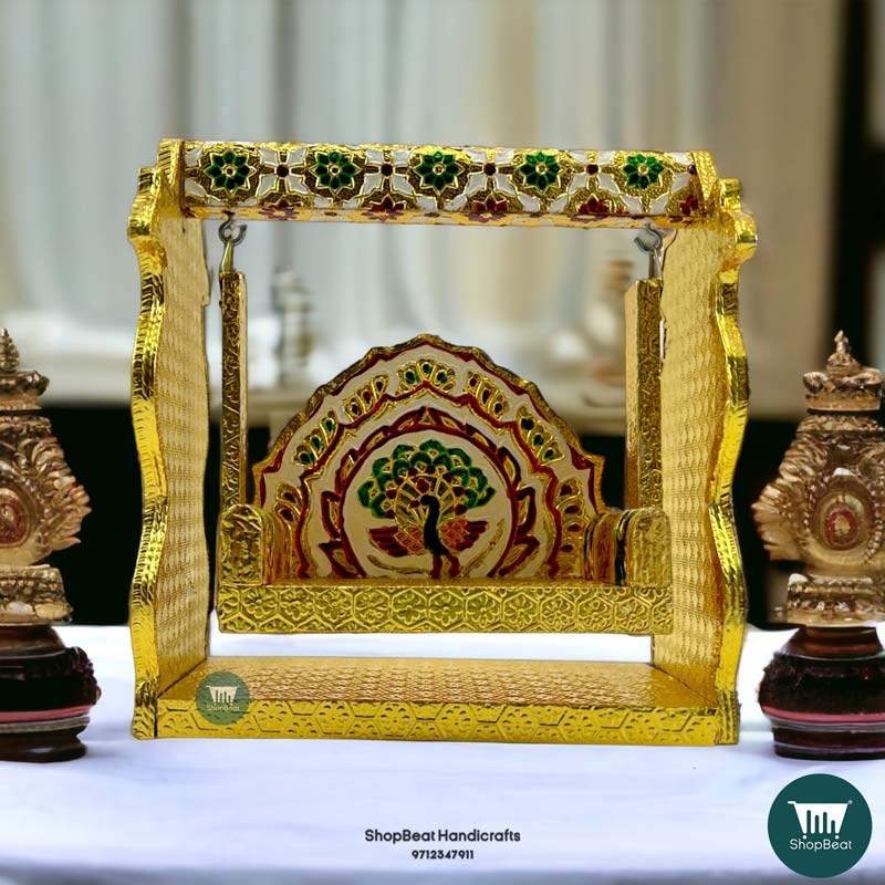 ShopBeat Golden Oxidised Meenakari Peacock Design Wooden SwingJula 7.5x3.5x8 inch