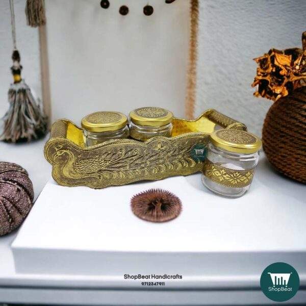 ShopBeat Golden Oxidised Peacock Wooden Serving Tray With 3 Glass Jar Set - Image 2