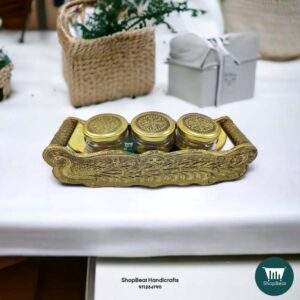 ShopBeat Golden Oxidised Peacock Wooden Serving Tray With 3 Glass Jar Set