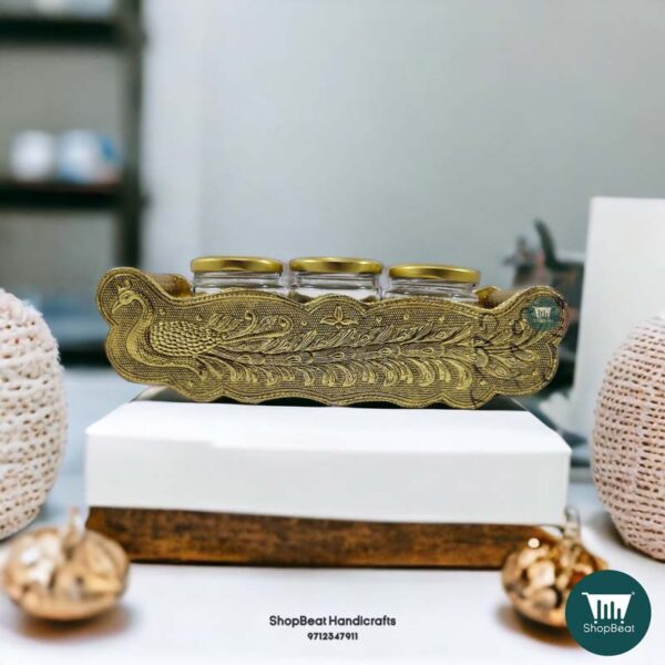 ShopBeat Golden Oxidised Peacock Wooden Serving Tray With 3 Glass Jar Set - Image 3
