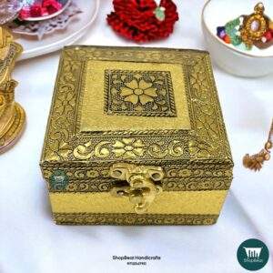ShopBeat Golden Oxidised Velvet Wooden Pooja Box Small Jewellery Box 4x4 Inches