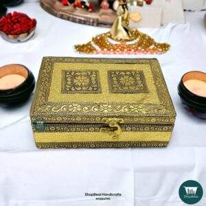 ShopBeat Golden Oxidised Velvet Wooden Pooja Box / Small Jewellery Box 5x7 Inches