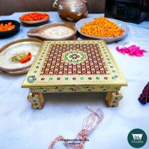 ShopBeat Golden Oxidised Wooden Meenakari Flower Pooja Chowki 15x15 inch