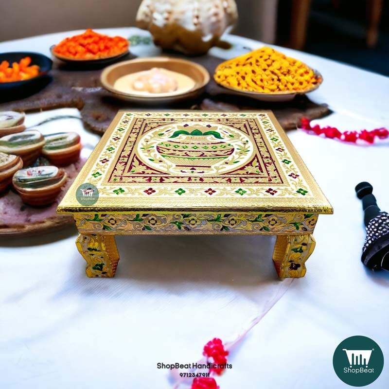 ShopBeat Golden Oxidised Wooden Meenakari Kalash Pooja Chowki 15x15 inch