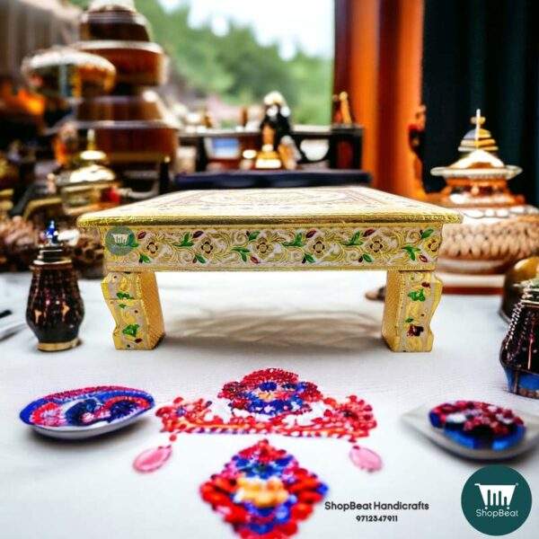 ShopBeat Golden Oxidised Wooden Meenakari Kalash Pooja Chowki 15x15 inch