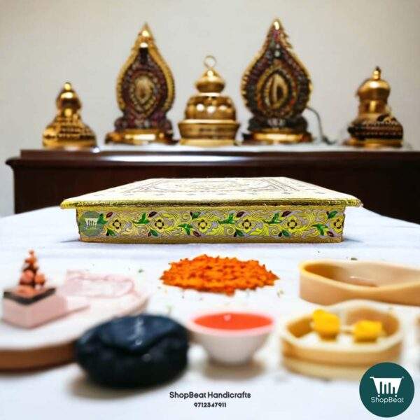 ShopBeat Golden Oxidised Wooden Meenakari Kalash Pooja Chowki 15x15 inch