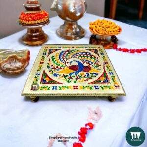ShopBeat Golden Oxidised Wooden Meenakari Peacock Pooja Chowki 12x12 inch