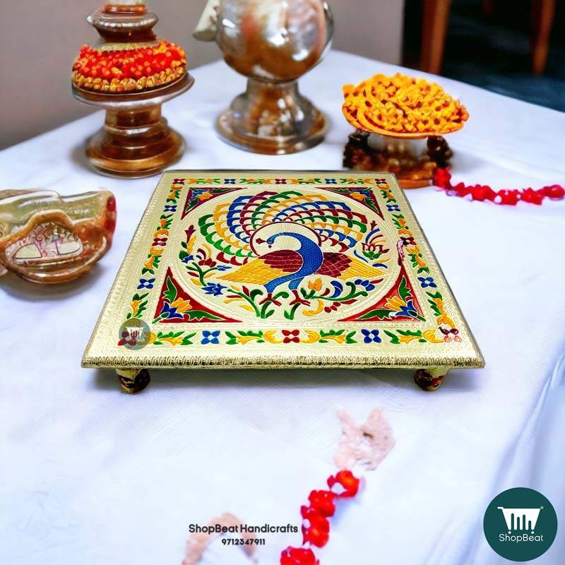 ShopBeat Golden Oxidised Wooden Meenakari Peacock Pooja Chowki 12x12 inch