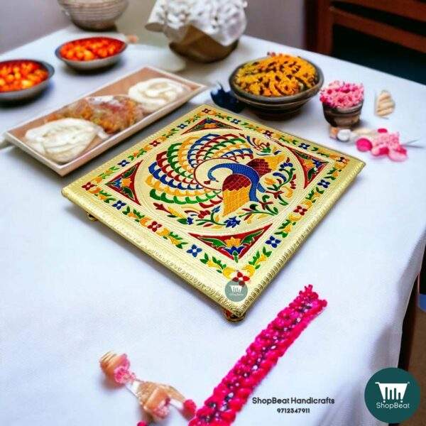 ShopBeat Golden Oxidised Wooden Meenakari Peacock Pooja Chowki 12x12 inch