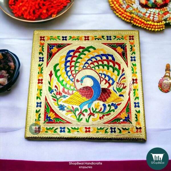 ShopBeat Golden Oxidised Wooden Meenakari Peacock Pooja Chowki 12x12 inch