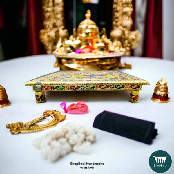 ShopBeat Golden Oxidised Wooden Meenakari Peacock Pooja Chowki 12x12 inch