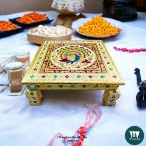 ShopBeat Golden Oxidised Wooden Meenakari Peacock(1) Pooja Chowki 15x15 inch