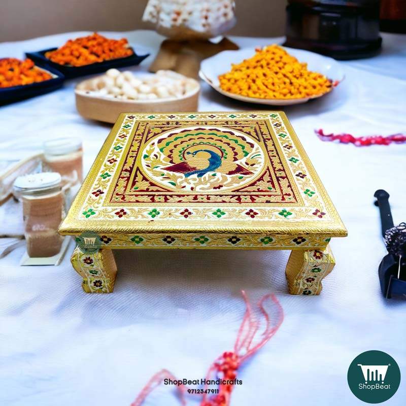 ShopBeat Golden Oxidised Wooden Meenakari Peacock(1) Pooja Chowki 15x15 inch