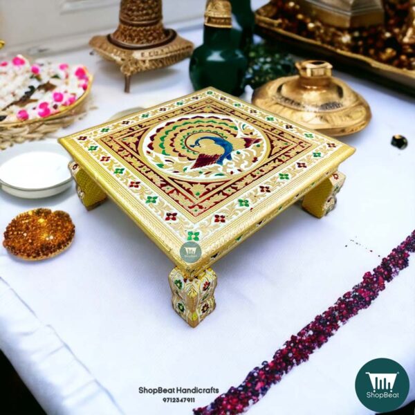 ShopBeat Golden Oxidised Wooden Meenakari Peacock(1) Pooja Chowki 15x15 inch