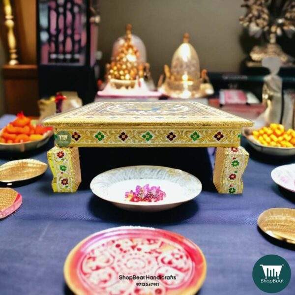 ShopBeat Golden Oxidised Wooden Meenakari Peacock(1) Pooja Chowki 15x15 inch