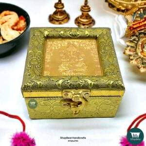 ShopBeat Golden Oxidised Wooden Pooja Box Small Jewellery Box 4x4 Inches