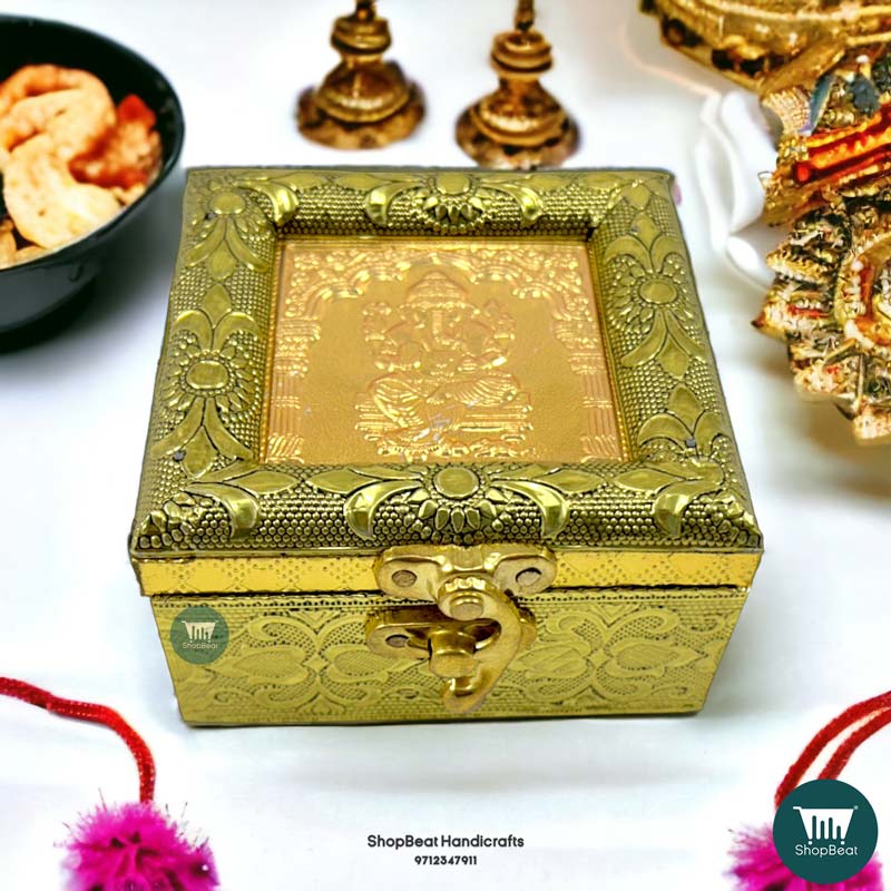 ShopBeat Golden Oxidised Wooden Pooja Box Small Jewellery Box 4x4 Inches