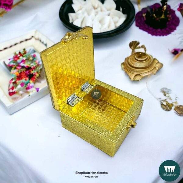 ShopBeat Golden Oxidised Wooden Pooja Box Small Jewellery Box 4x4 Inches