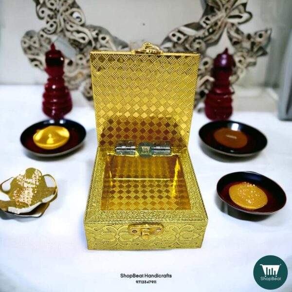 ShopBeat Golden Oxidised Wooden Pooja Box Small Jewellery Box 4x4 Inches