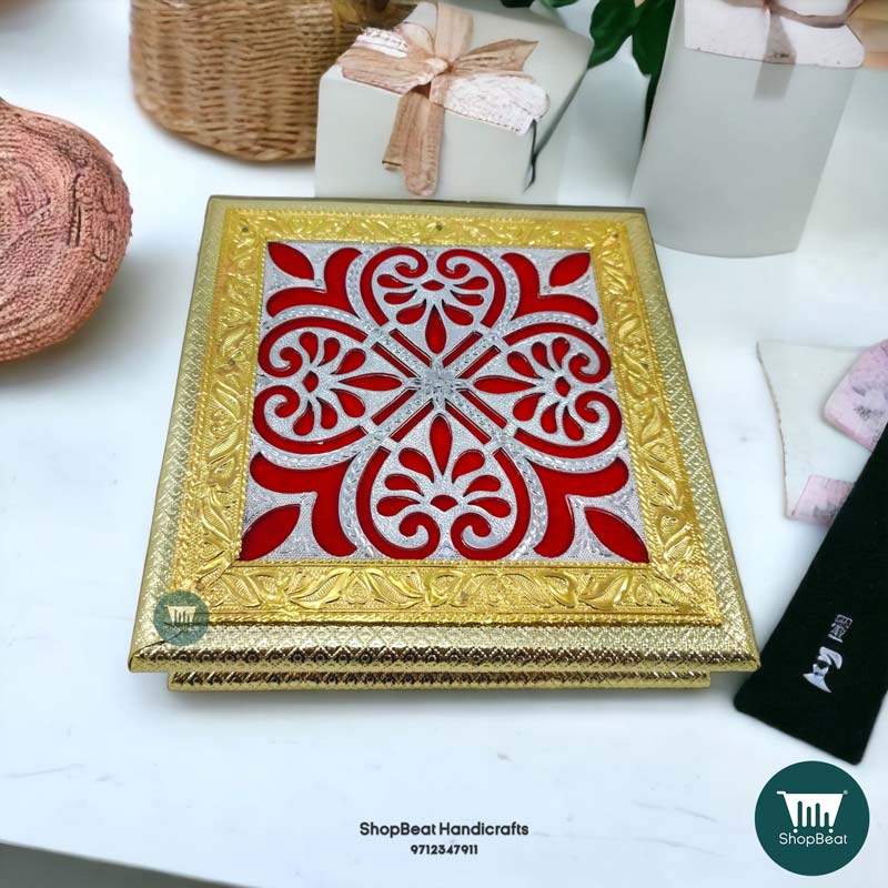 ShopBeat Golden Red velvet Oxidised Dry fruit Box 8x8 inch