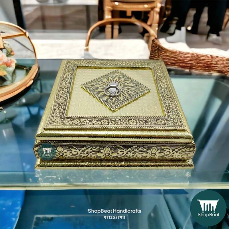 ShopBeat Golden Single Flower Window Wooden Dry fruit Box 8x8 inch